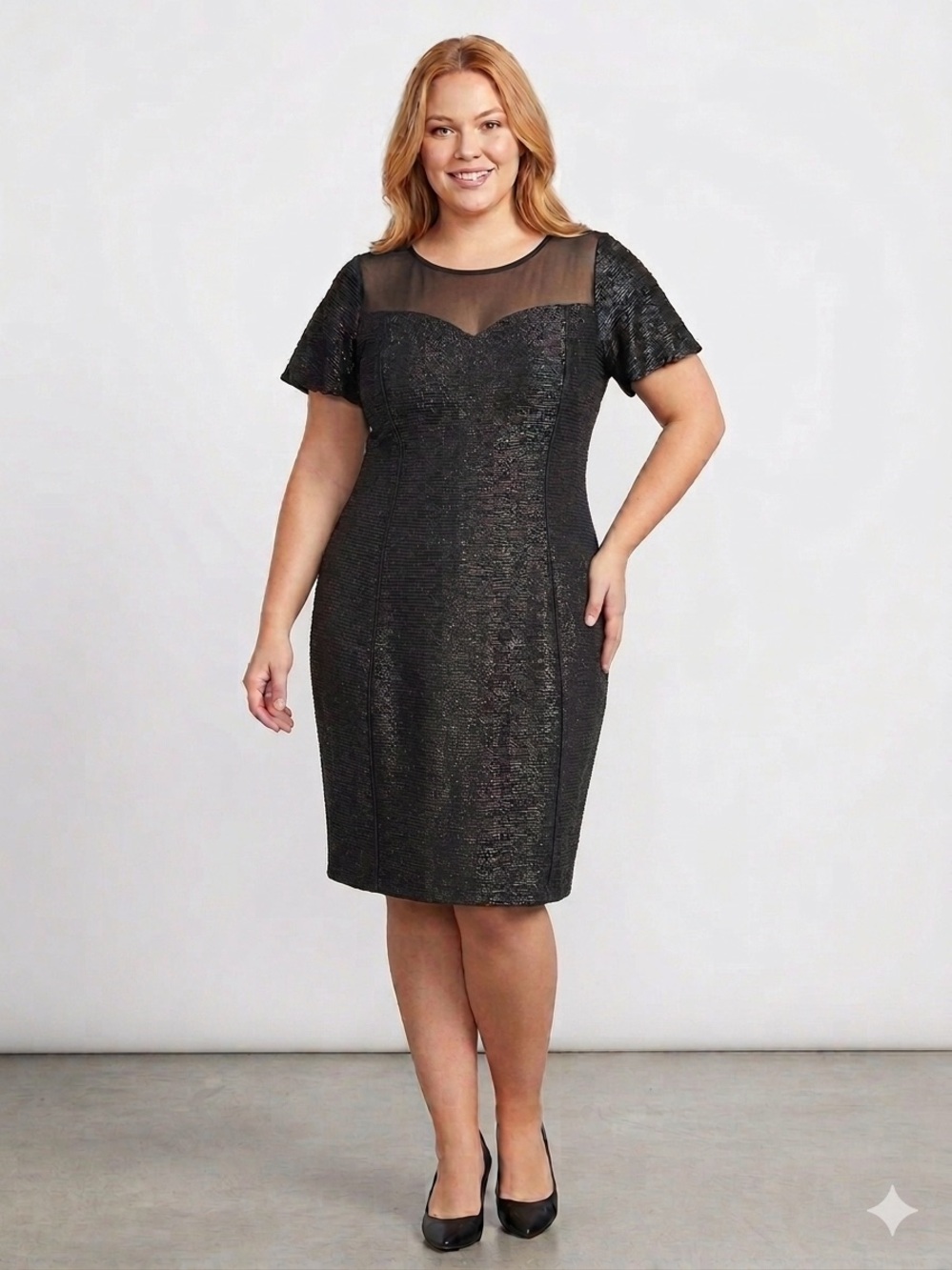 Plus-Size Black Midi Dress with Sheer Yoke